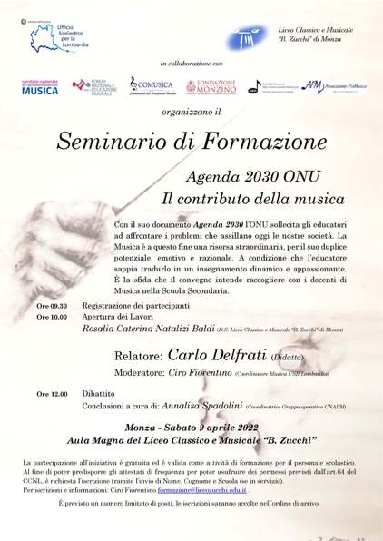 9 aprile 2022 - Monza - Seminario di Formazione - Agenda 2030 ONU - Il contributo della musica
